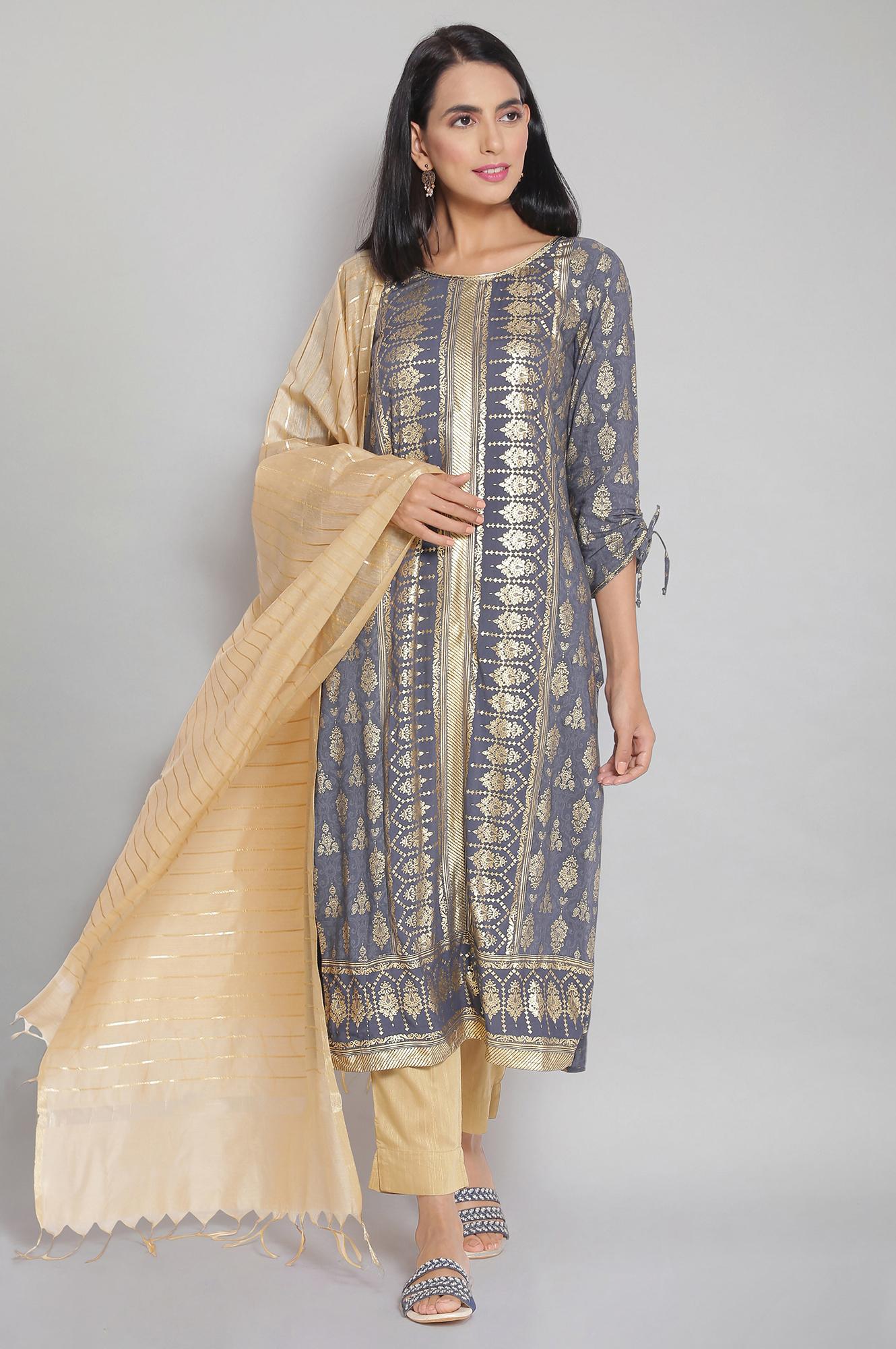 Grey Round Neck Printed Straight kurta