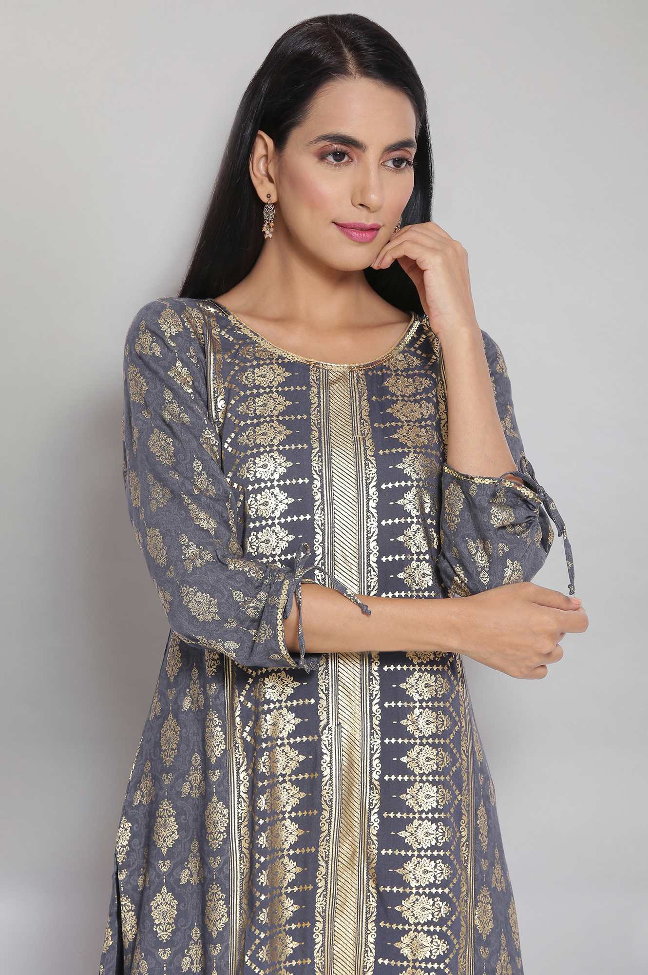 Grey Round Neck Printed Straight kurta