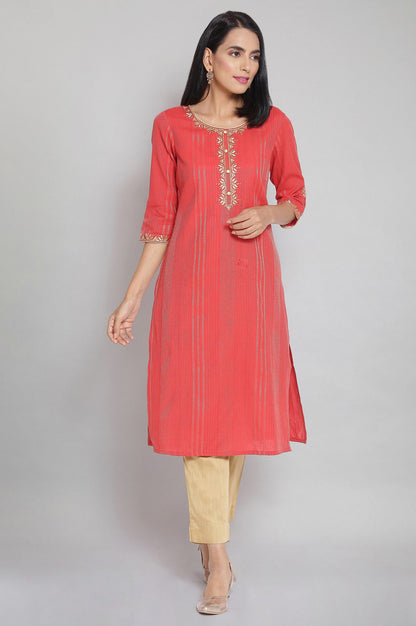 Orange Round Neck Embroidered Straight kurta