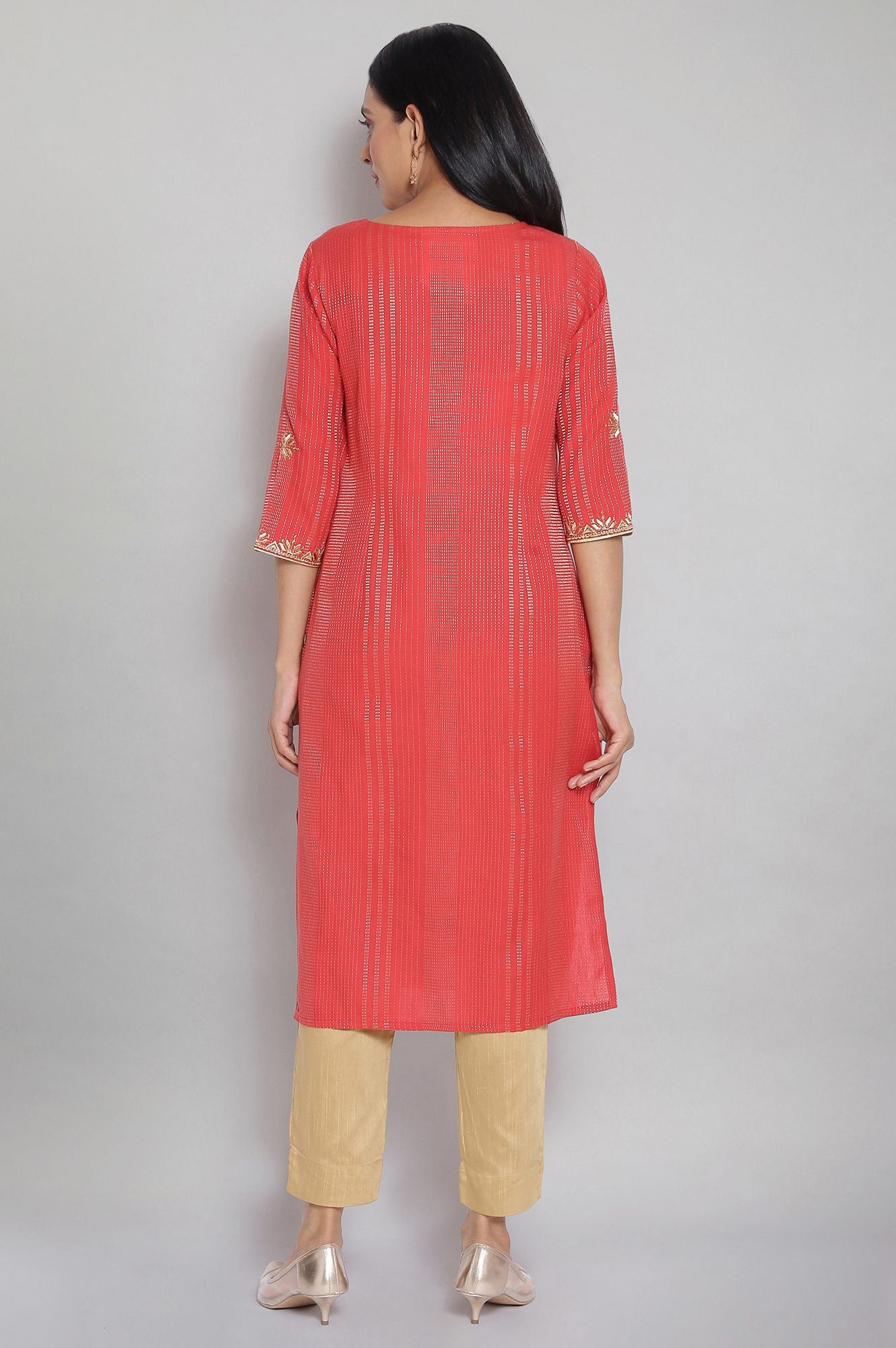 Orange Round Neck Embroidered Straight kurta