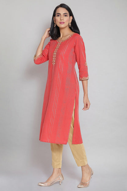 Orange Round Neck Embroidered Straight kurta