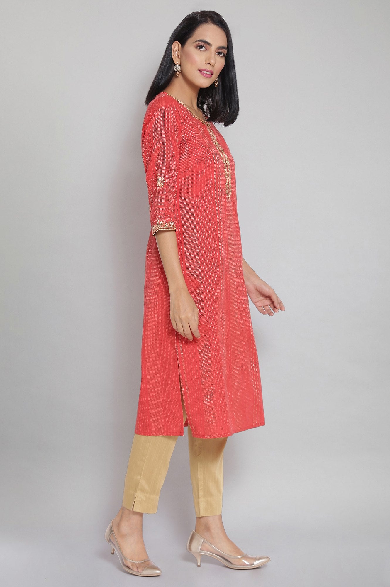 Orange Round Neck Embroidered Straight kurta