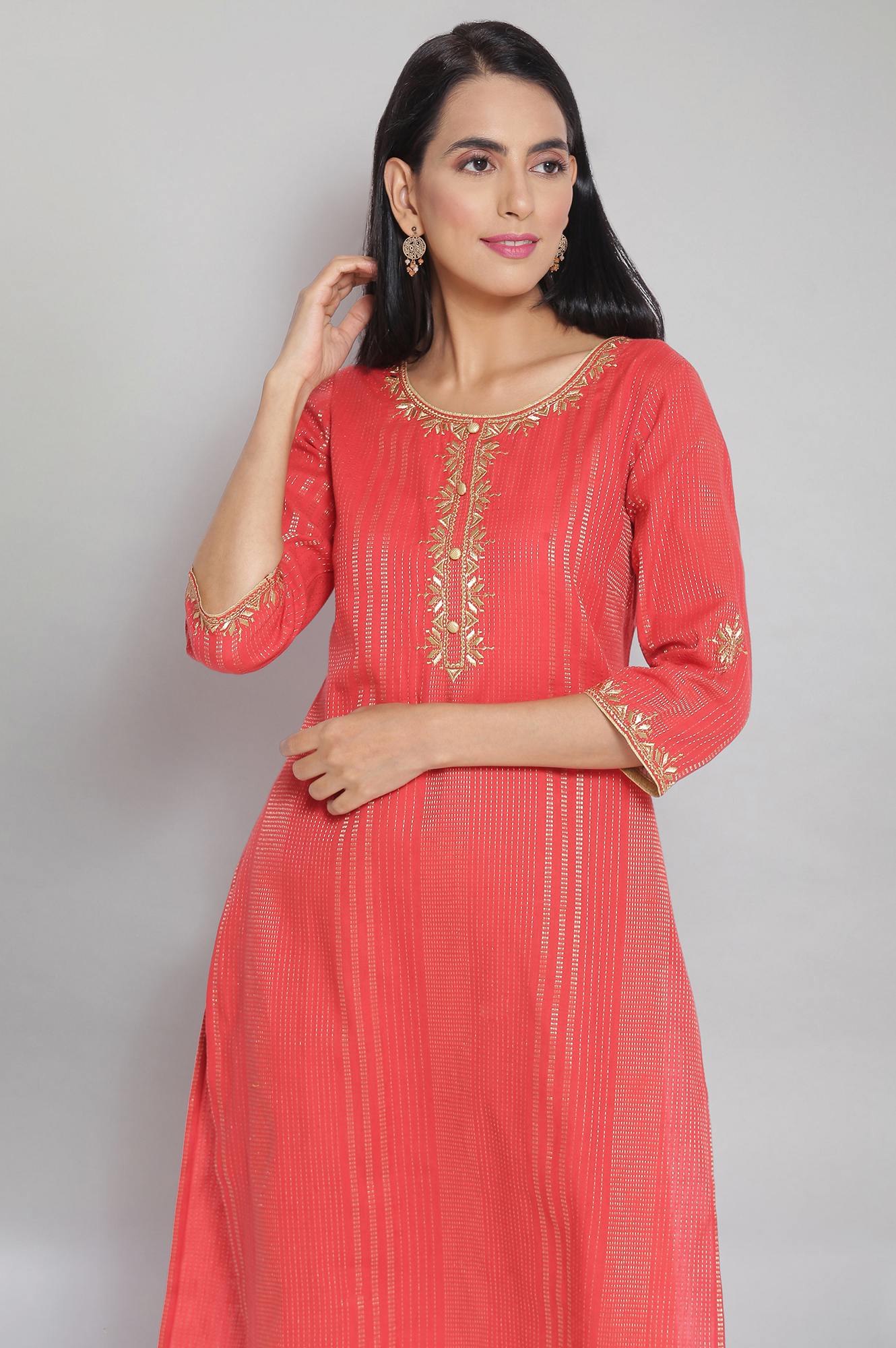 Orange Round Neck Embroidered Straight kurta