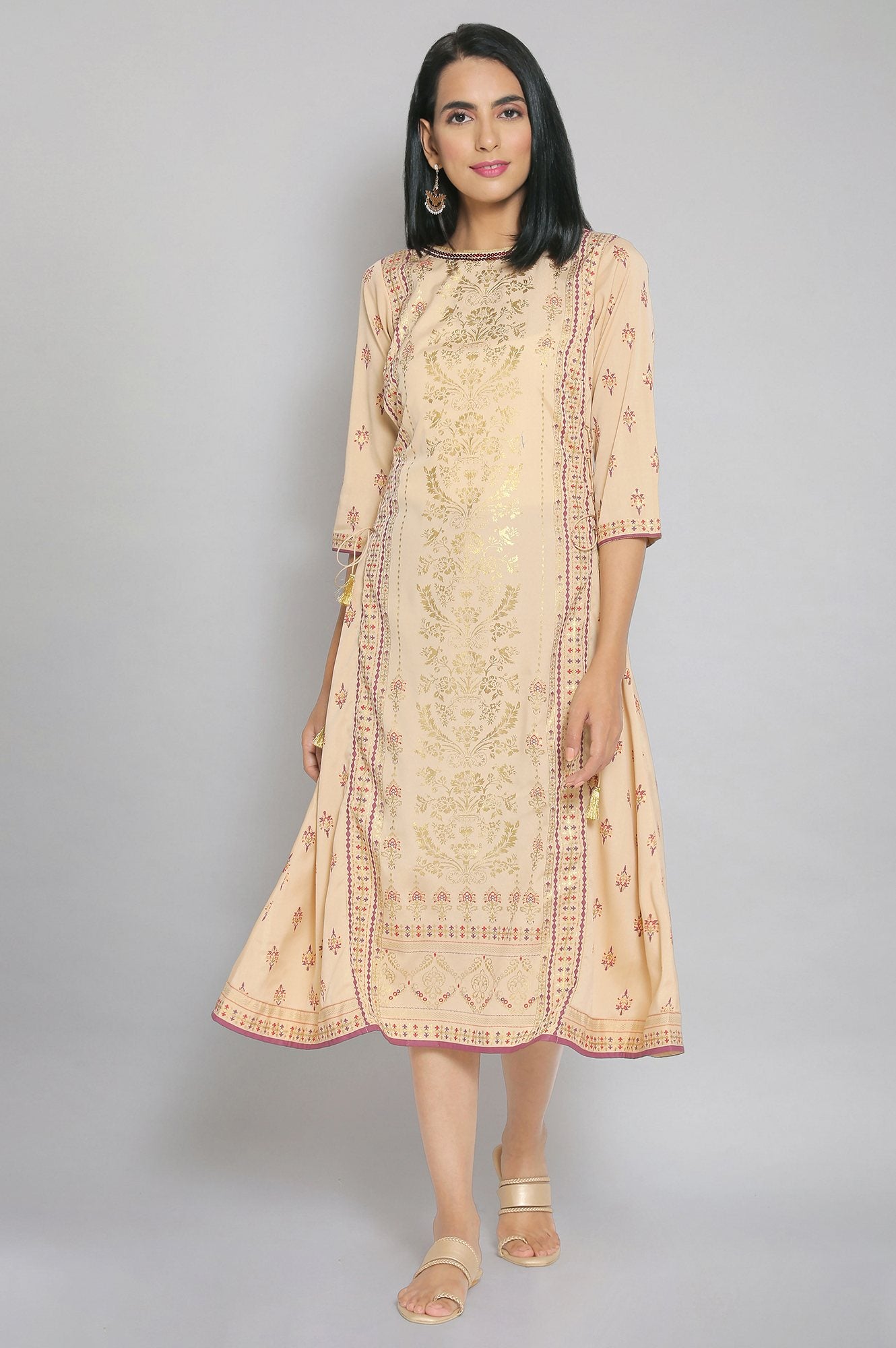 Beige Foil Print Flared Dress