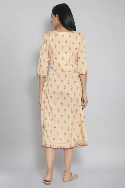 Beige Foil Print Flared Dress