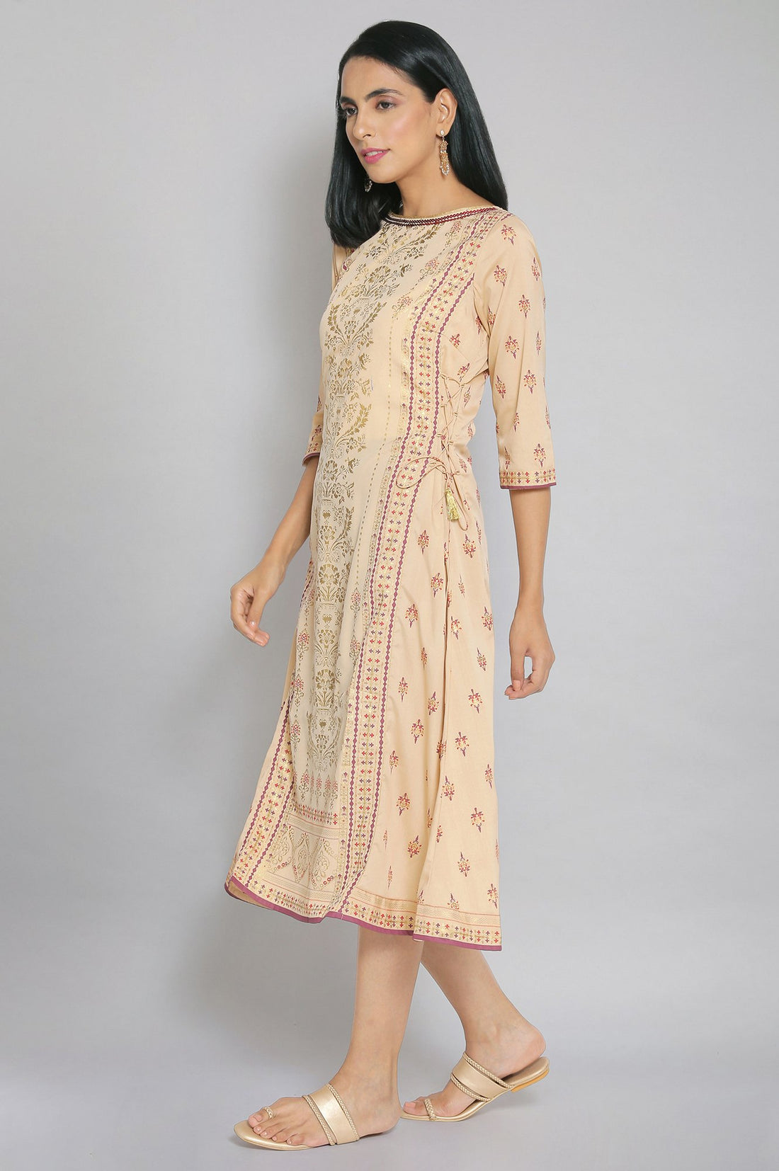 Beige Foil Print Flared Dress
