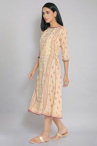 Beige Foil Print Flared Dress