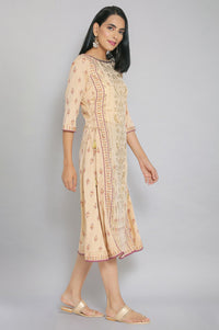 Beige Foil Print Flared Dress