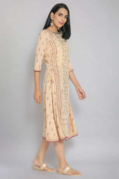 Beige Foil Print Flared Dress