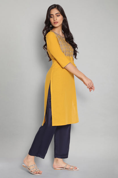 Yellow Round Neck Yarn-Dyed Cotton kurta