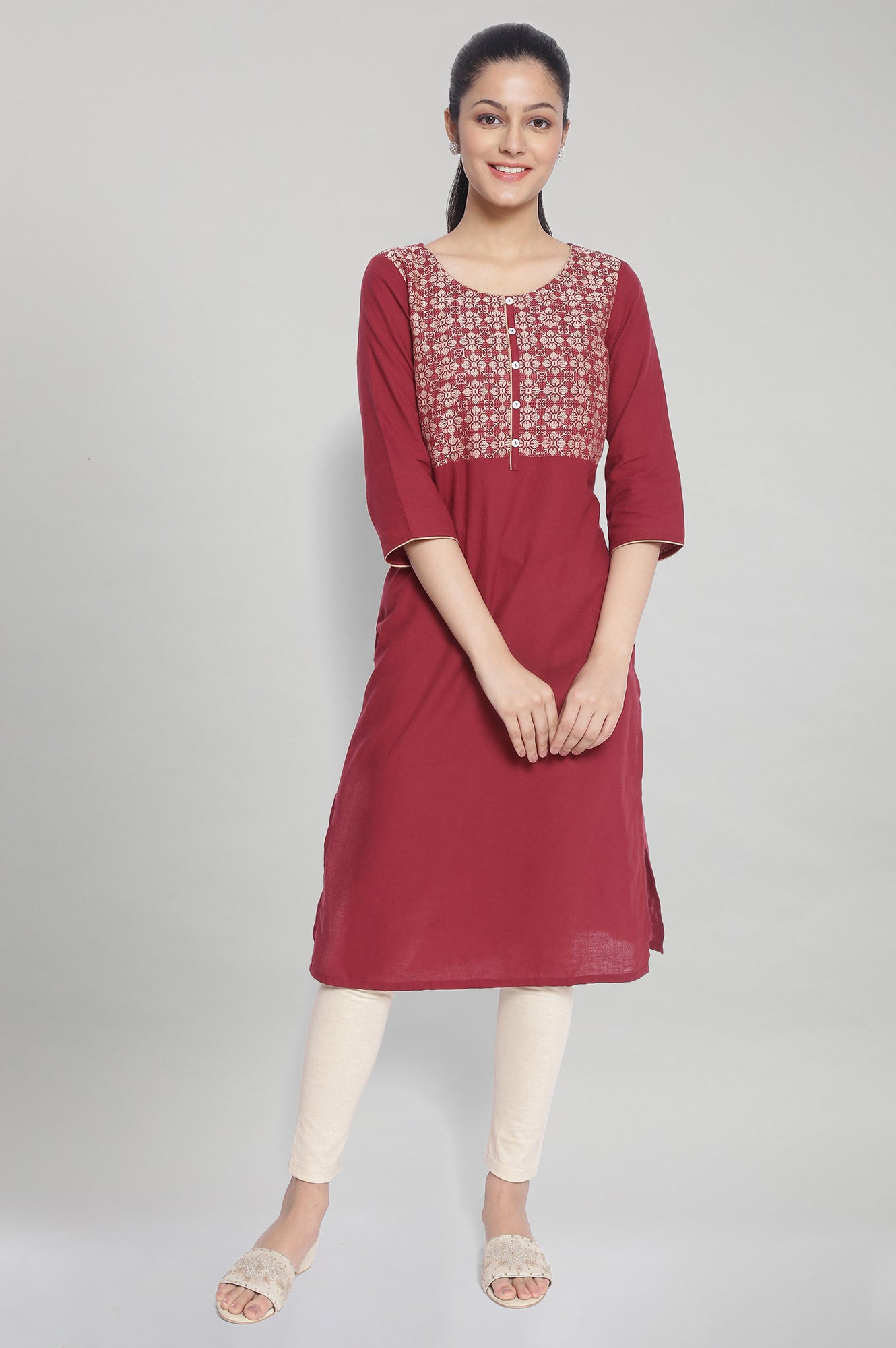 Maroon Round Neck Printed kurta