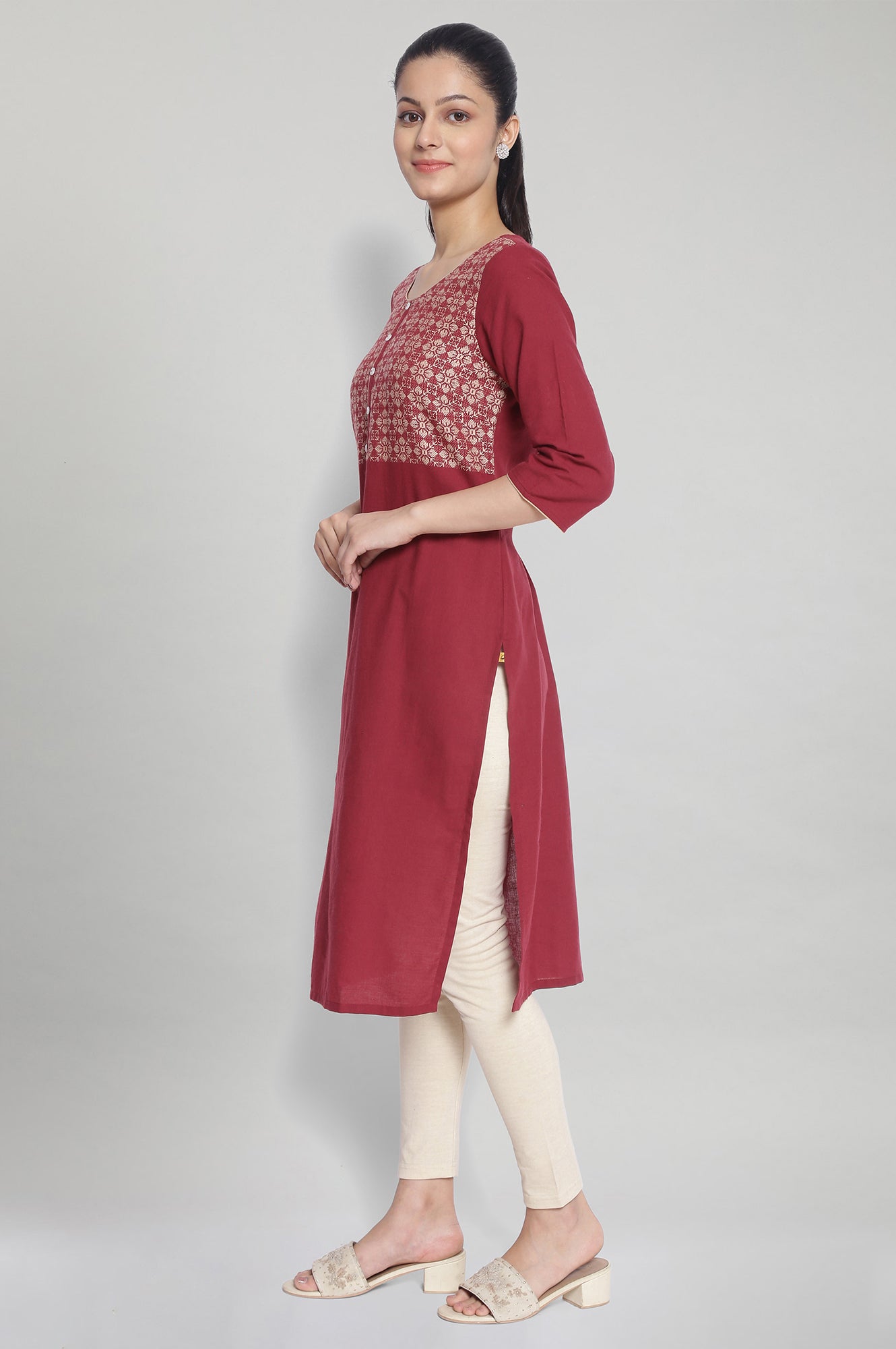 Maroon Round Neck Printed kurta