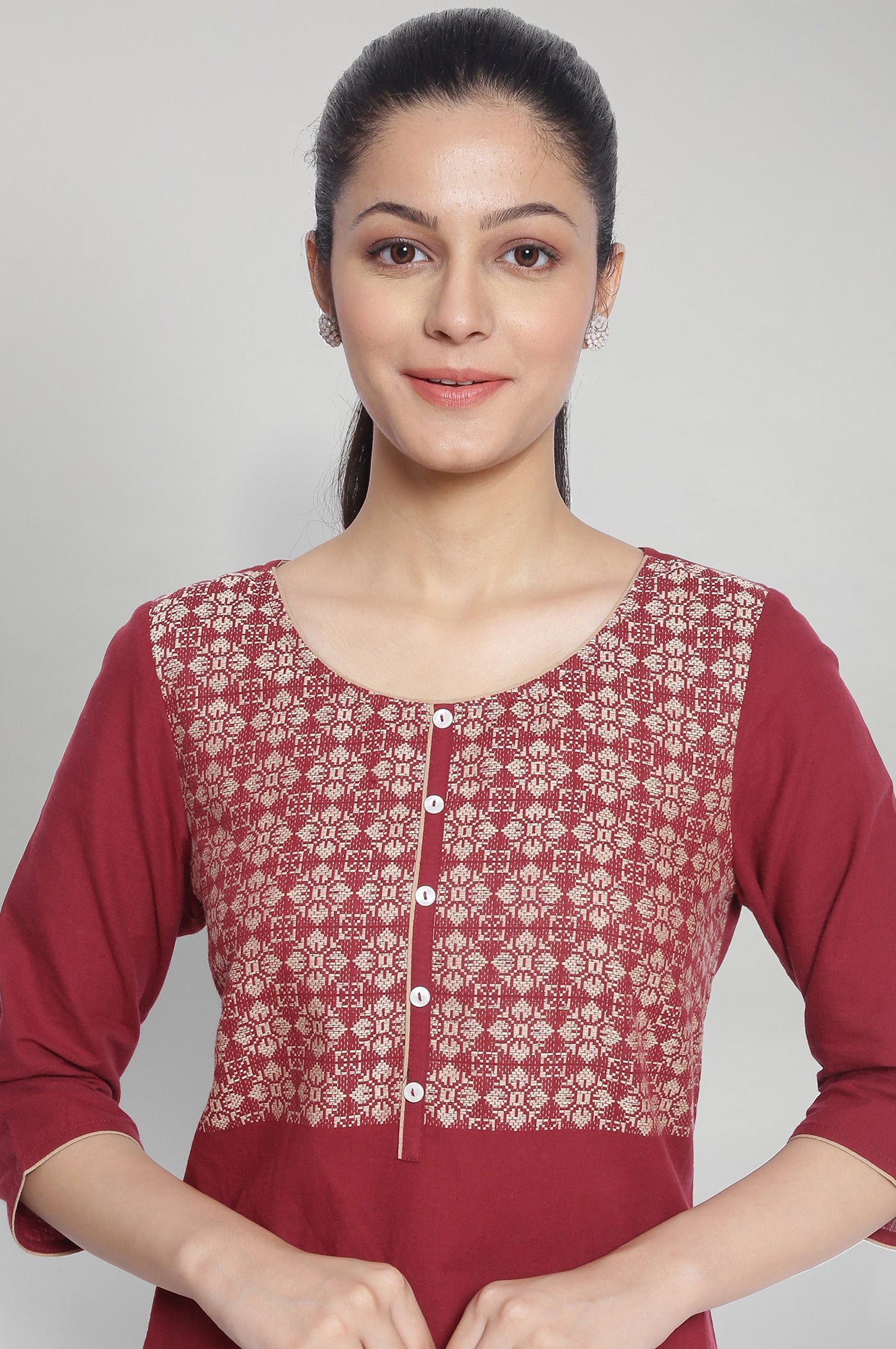 Maroon Round Neck Printed kurta