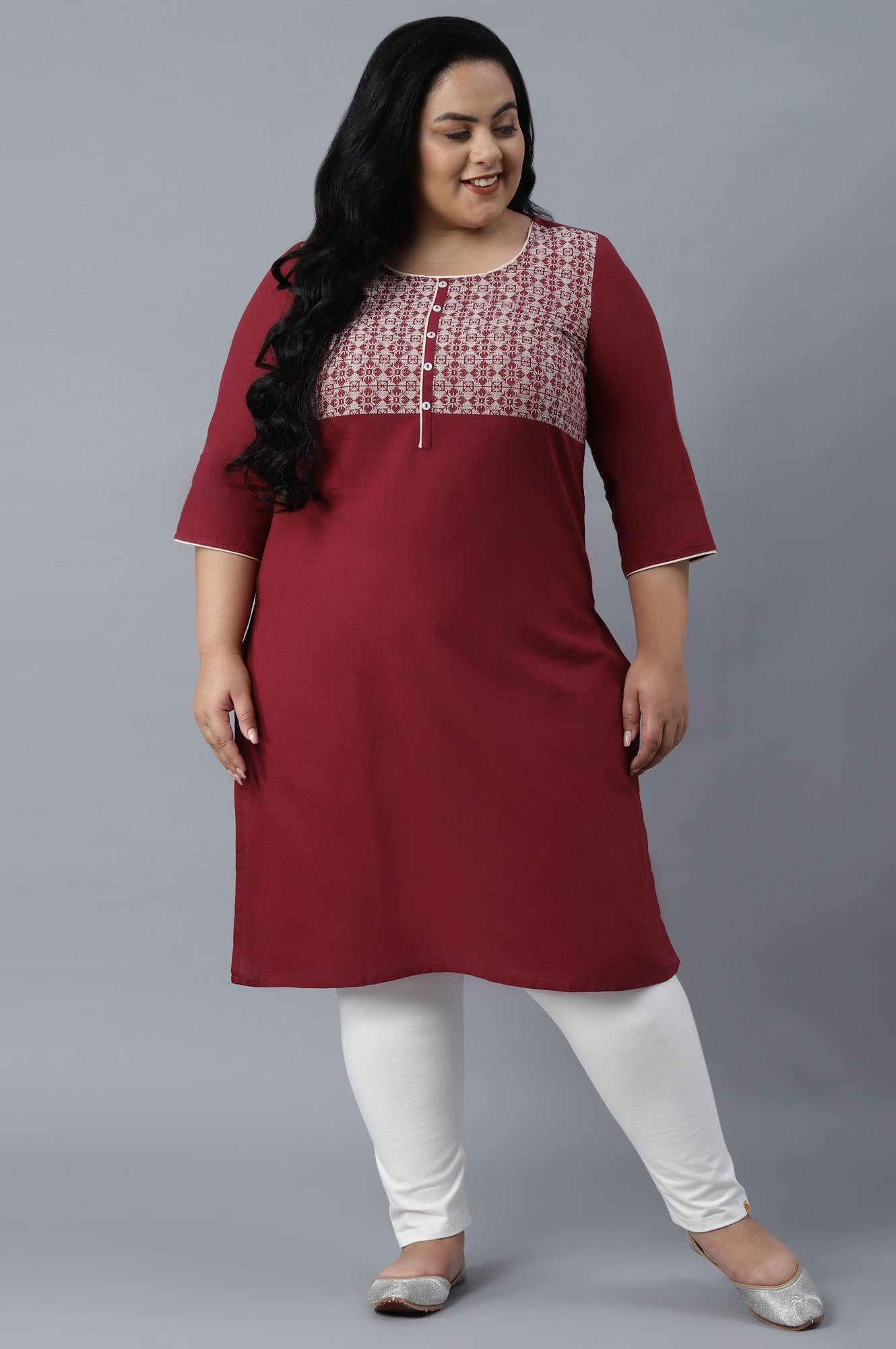 Maroon Round Neck Printed kurta