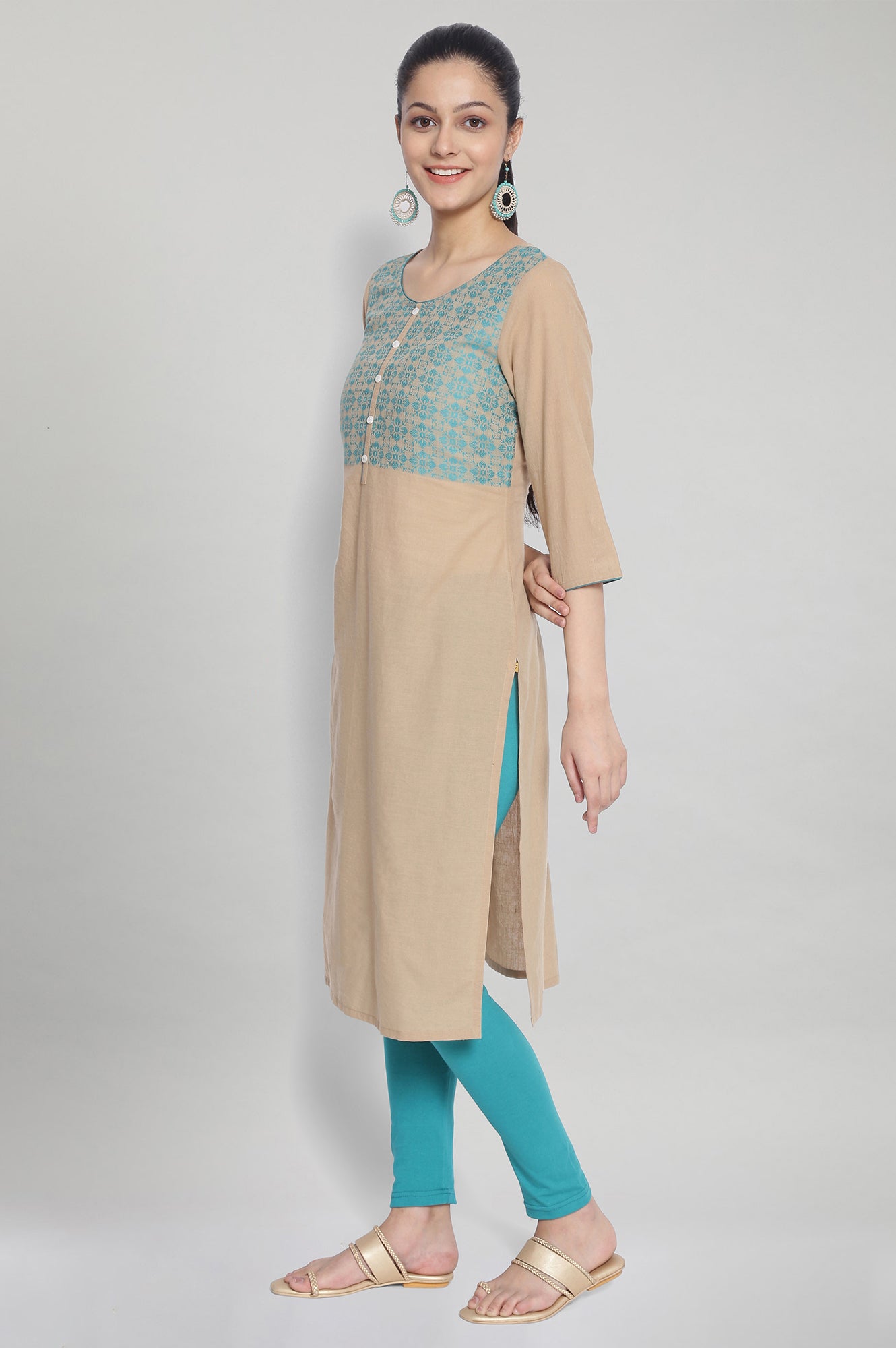 Beige Round Neck Printed kurta