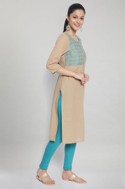 Beige Round Neck Printed kurta