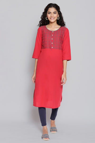 Red Round Neck Yarn-Dyed Cotton kurta