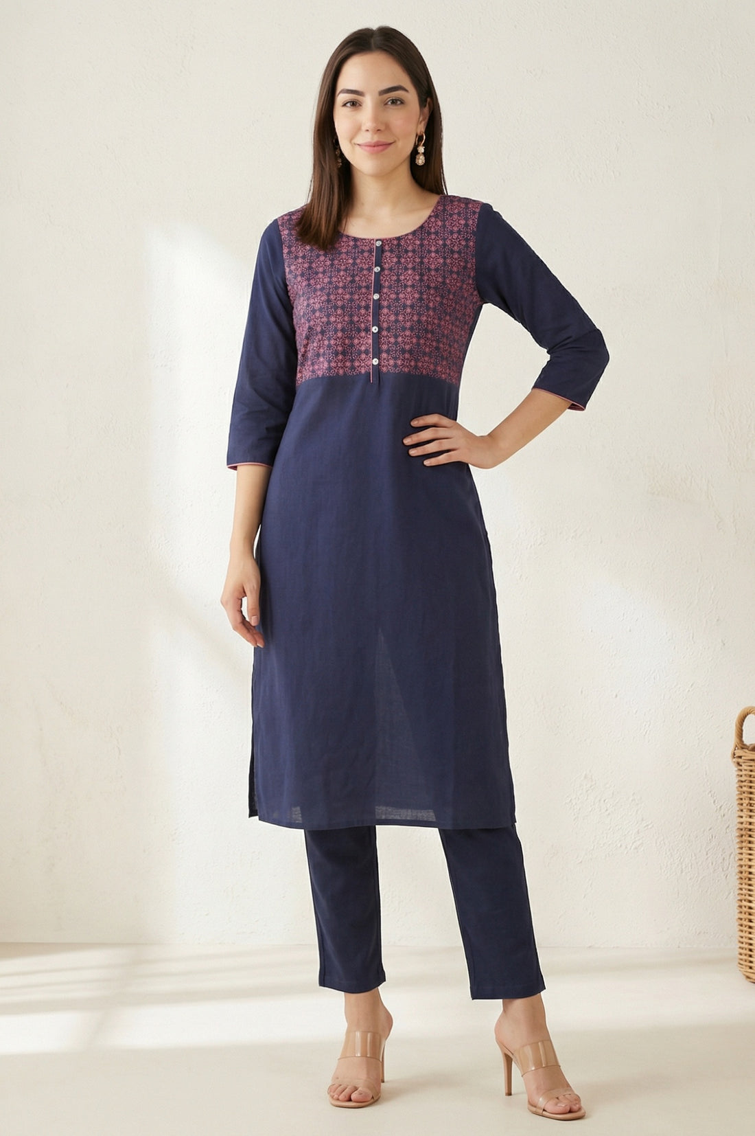 Blue Round Neck Printed kurta