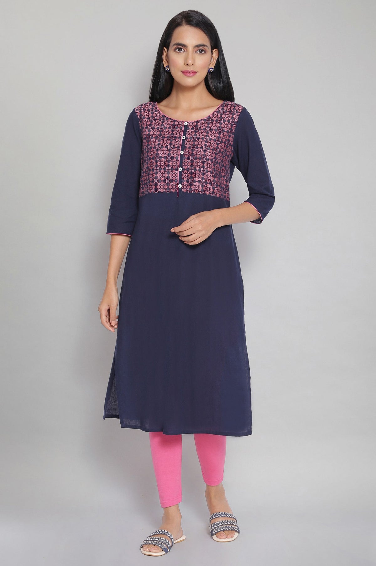 Blue Printed Straight Cotton Kurta - XS