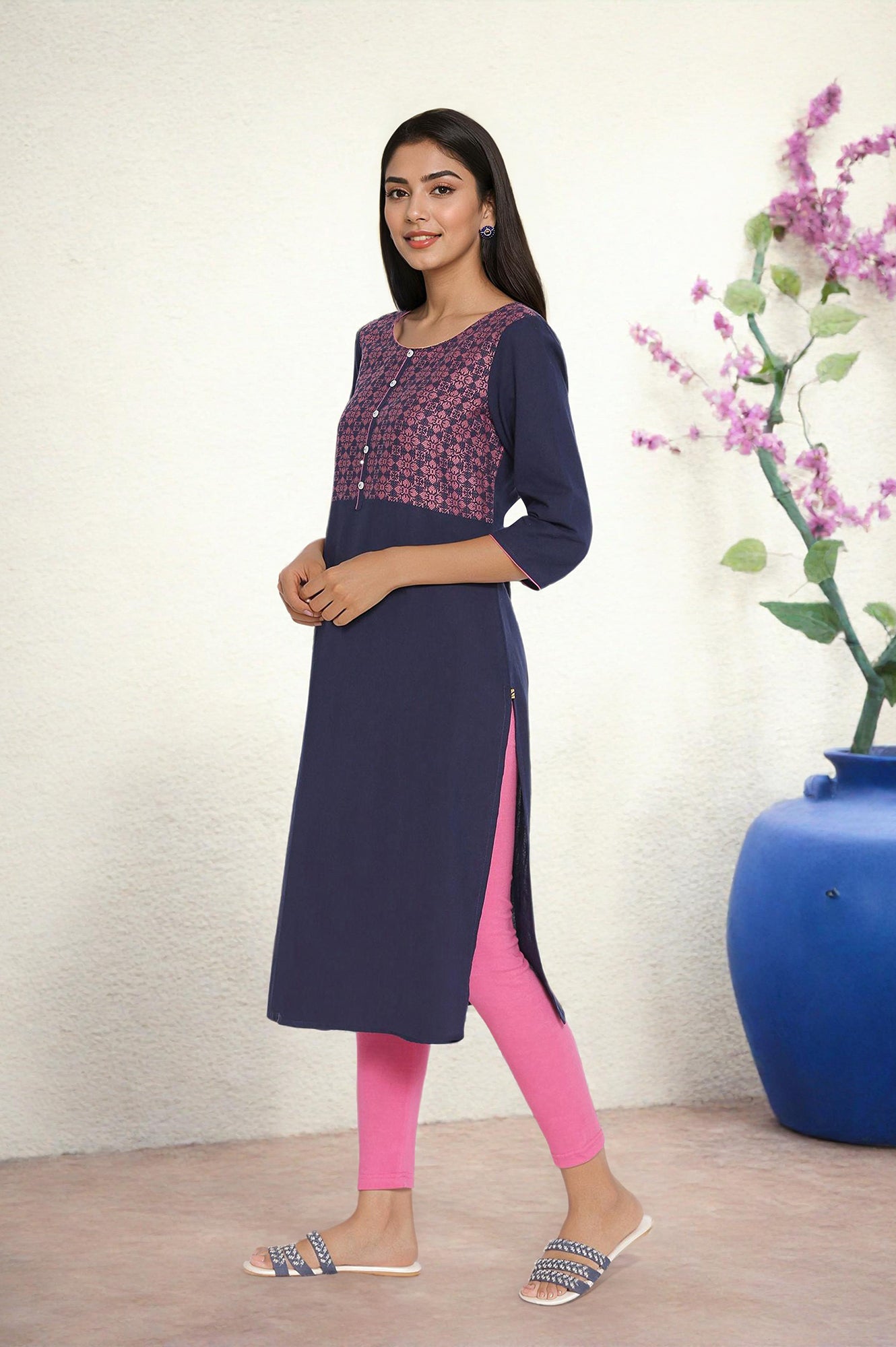 Blue Round Neck Printed kurta