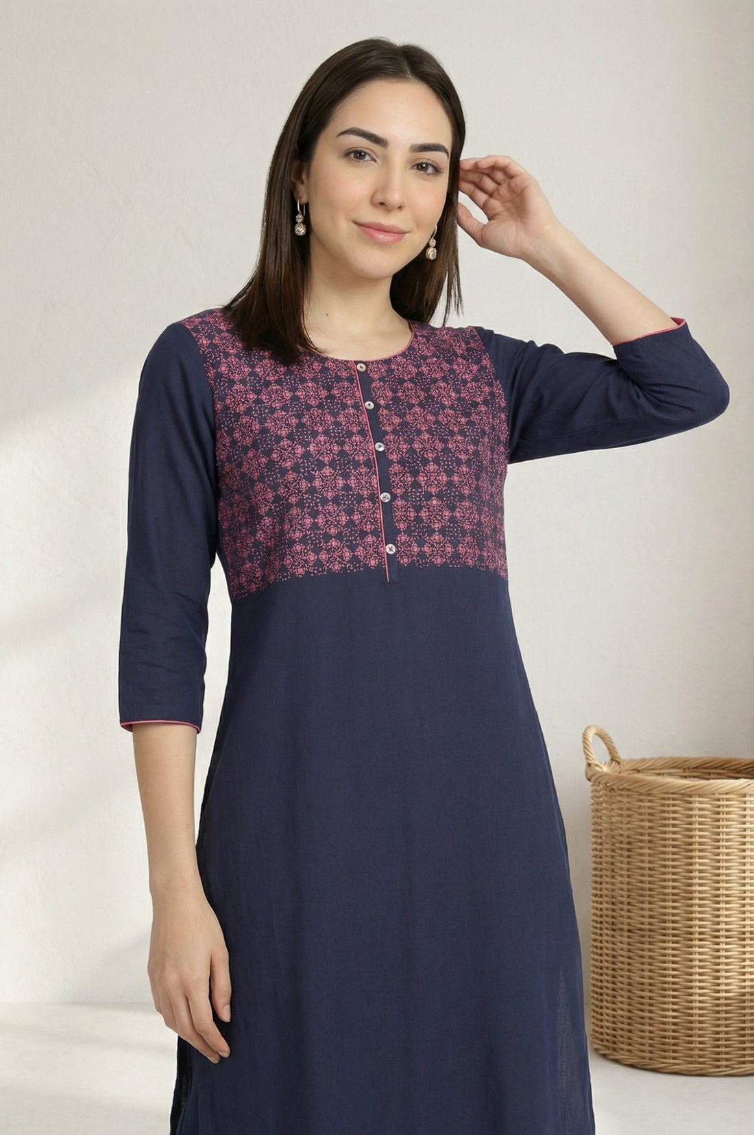 Blue Round Neck Printed kurta
