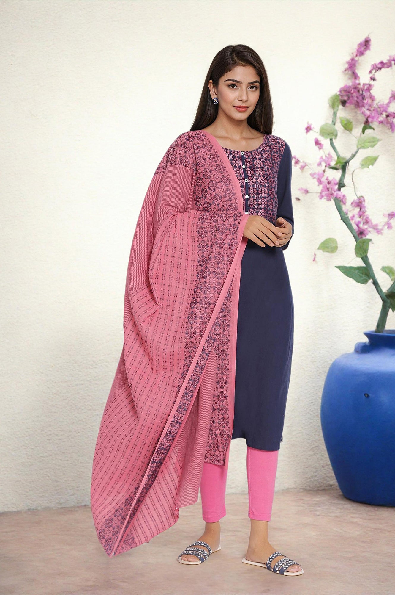 Blue Round Neck Printed kurta