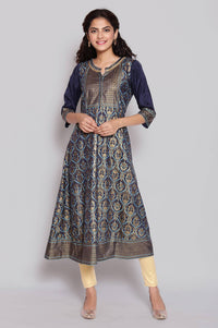 Navy Blue Foil Print Flared Dress