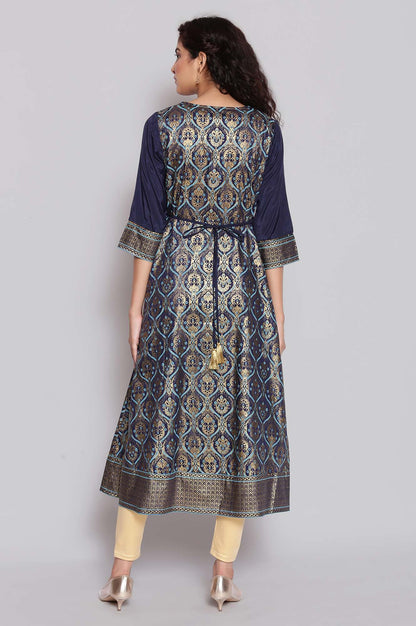 Navy Blue Foil Print Flared Dress