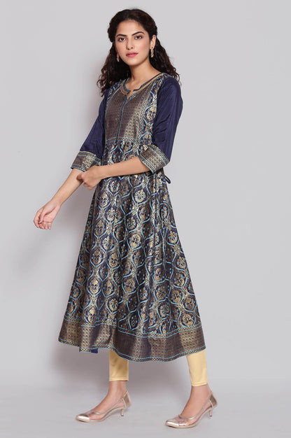 Navy Blue Foil Print Flared Dress