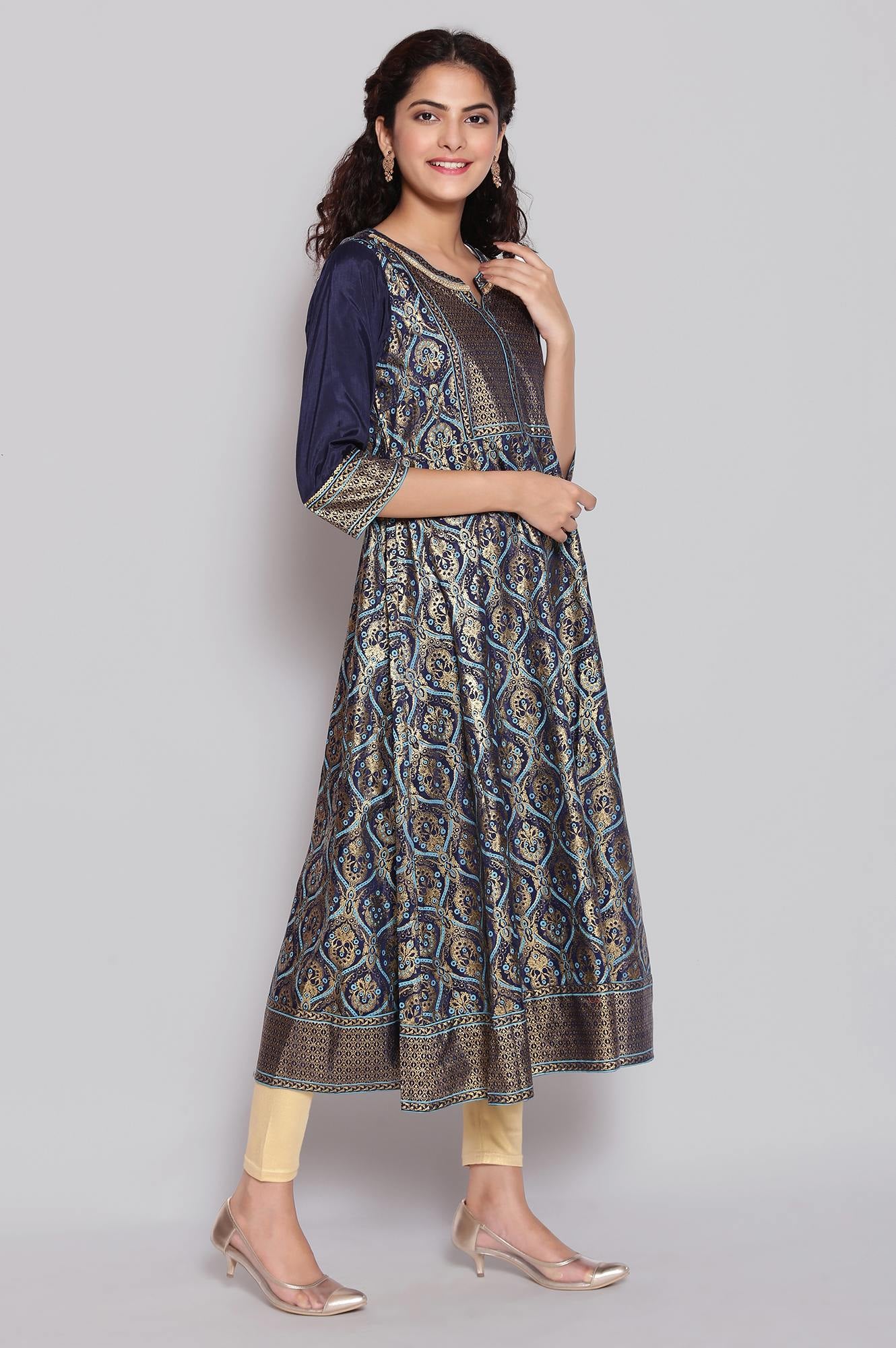 Navy Blue Foil Print Flared Dress