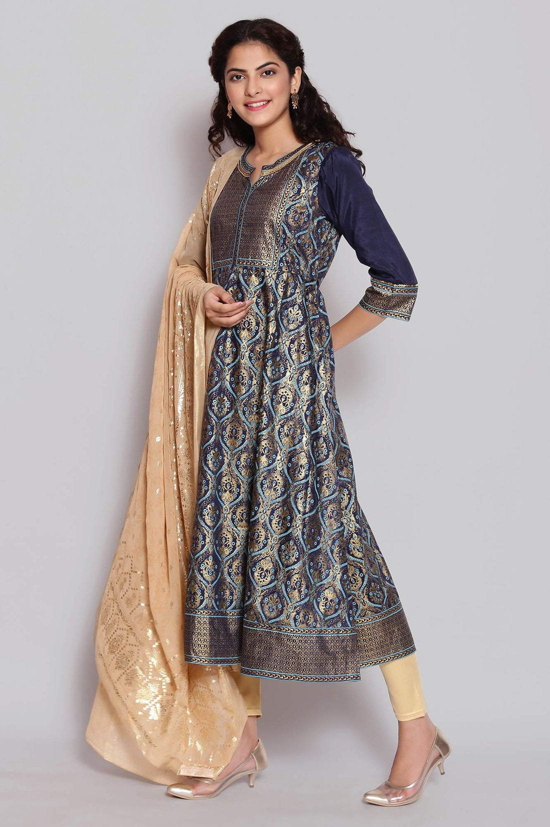 Navy Blue Foil Print Flared Dress