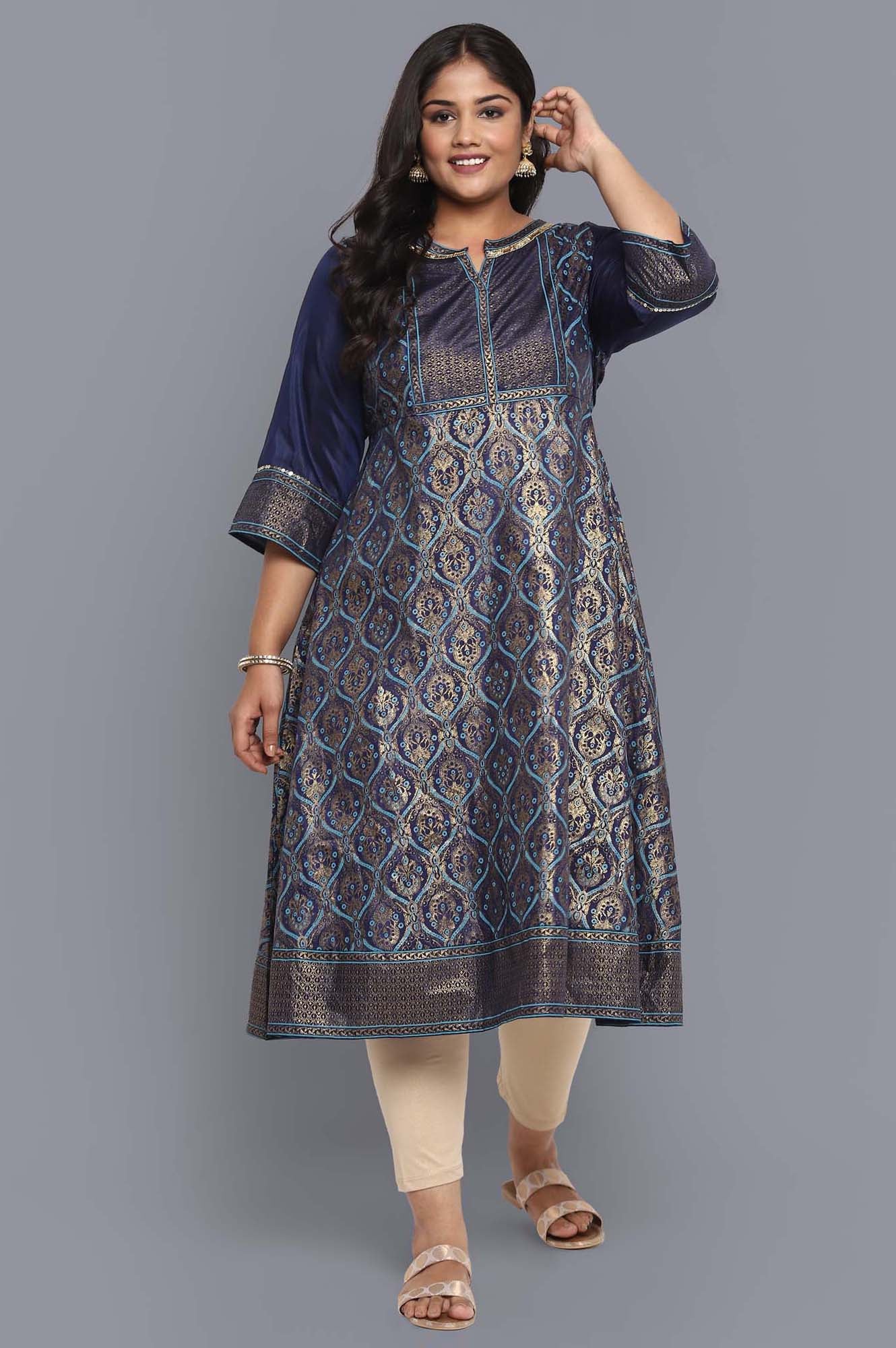 Navy Blue Foil Print Flared Dress