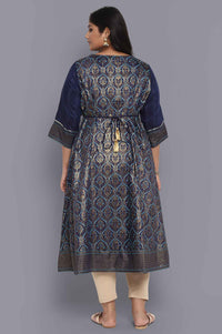 Navy Blue Foil Print Flared Dress