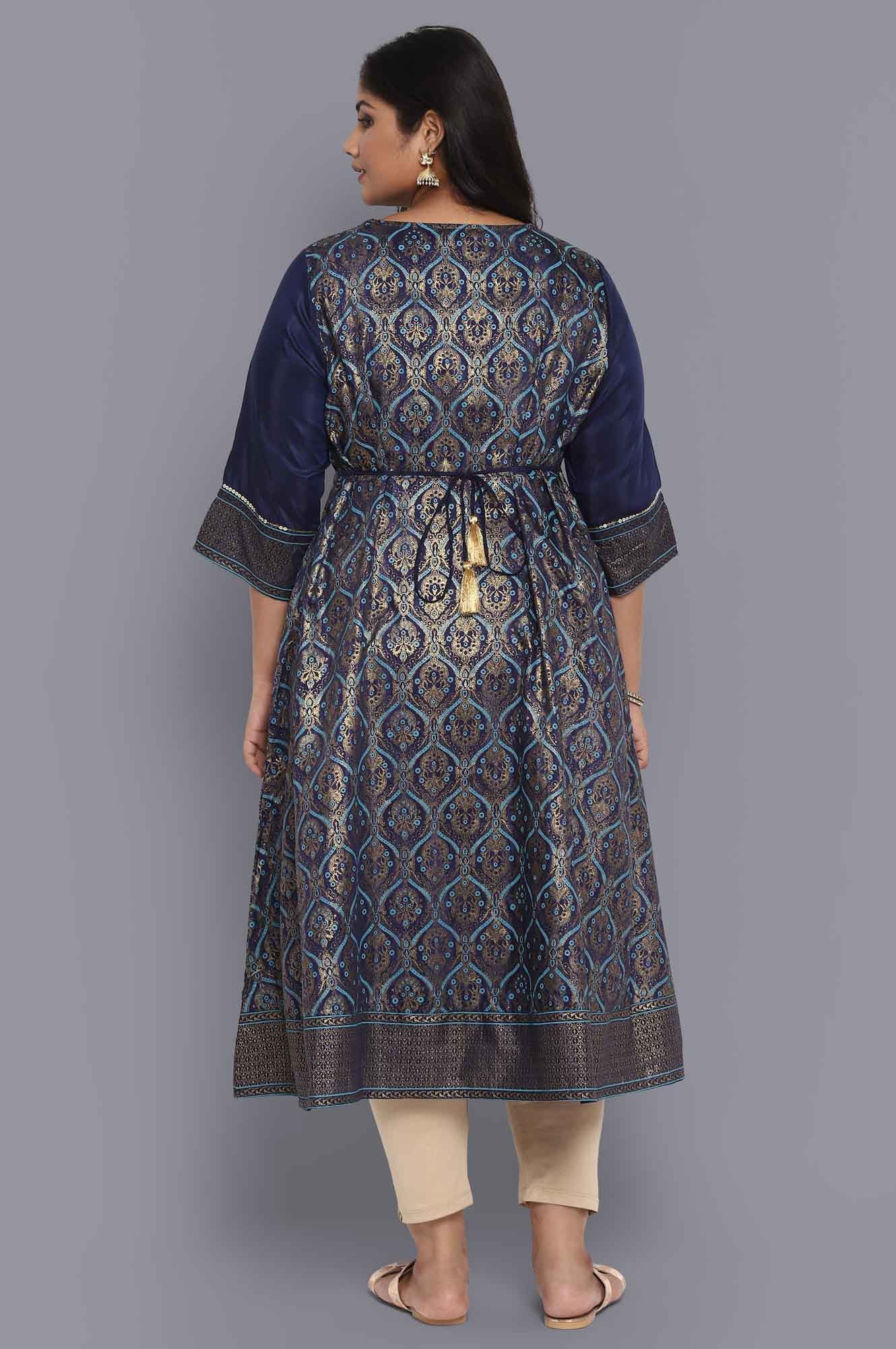 Navy Blue Foil Print Flared Dress