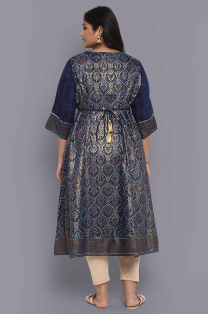 Navy Blue Foil Print Flared Dress