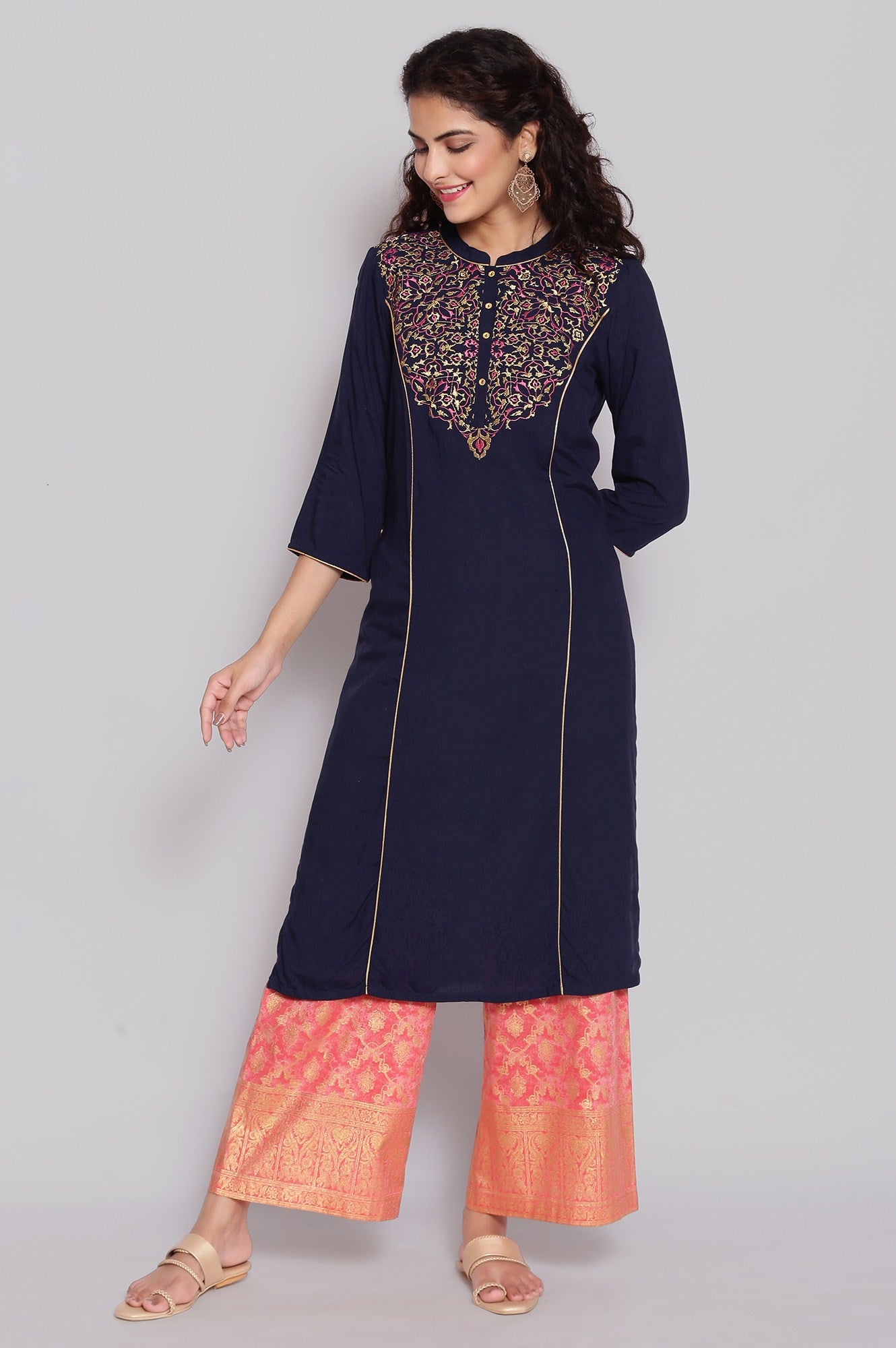 Navy Blue Mandarin Collar Solid Straight kurta