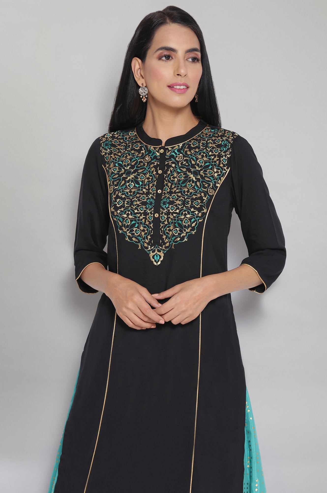 Black Mandarin Collar Solid Straight kurta