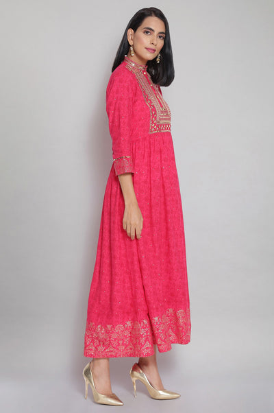 Rasberry Pink Printed Flared Dress