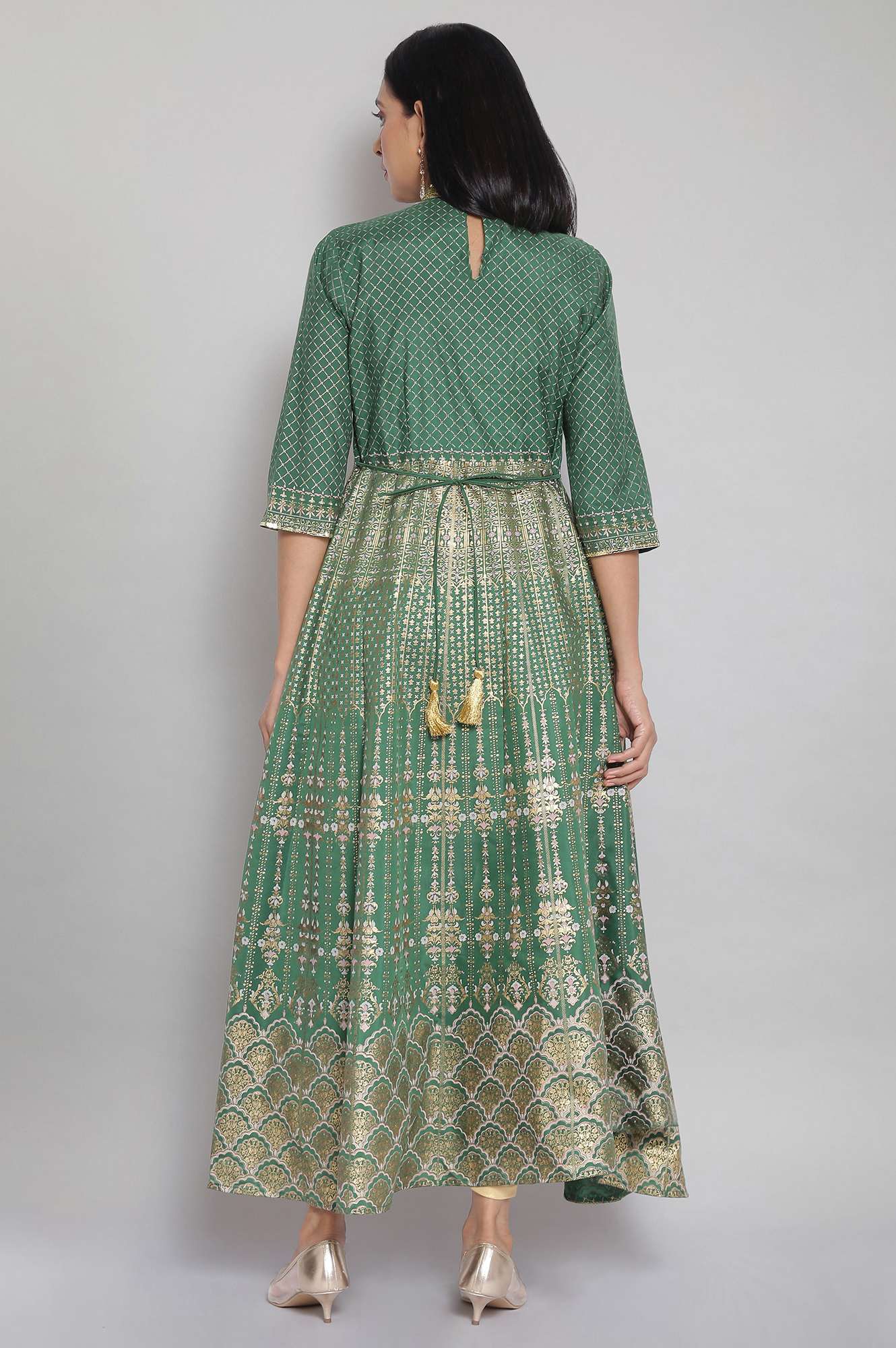 Green Mandarin Collar Flared Dress