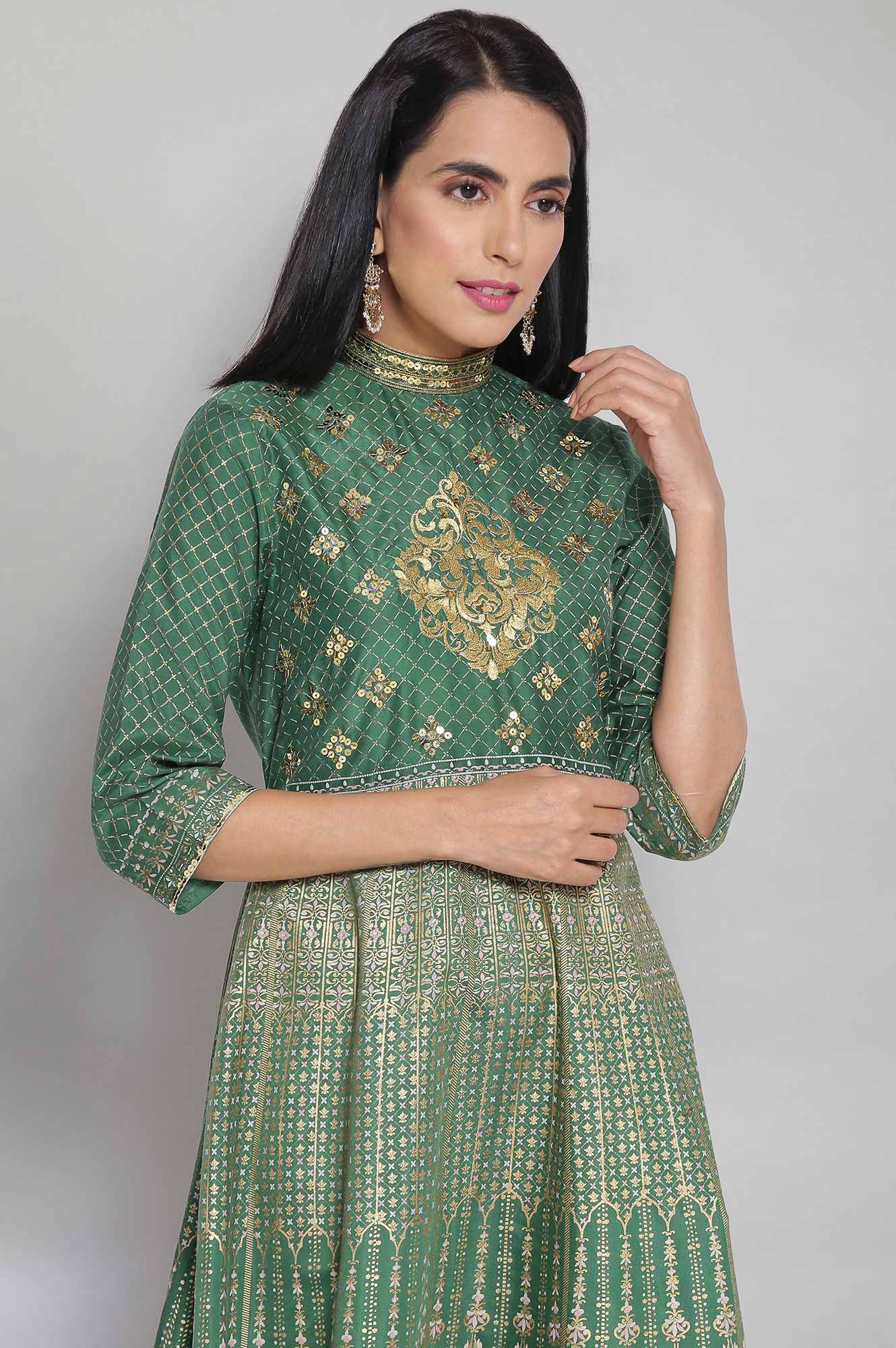 Green Mandarin Collar Flared Dress