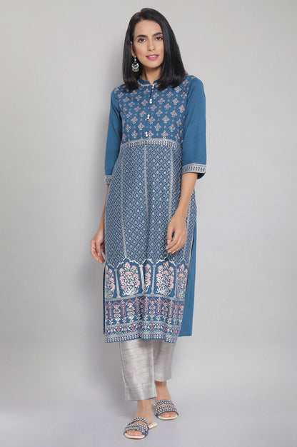 Blue Mandarin Collar Printed Straight kurta