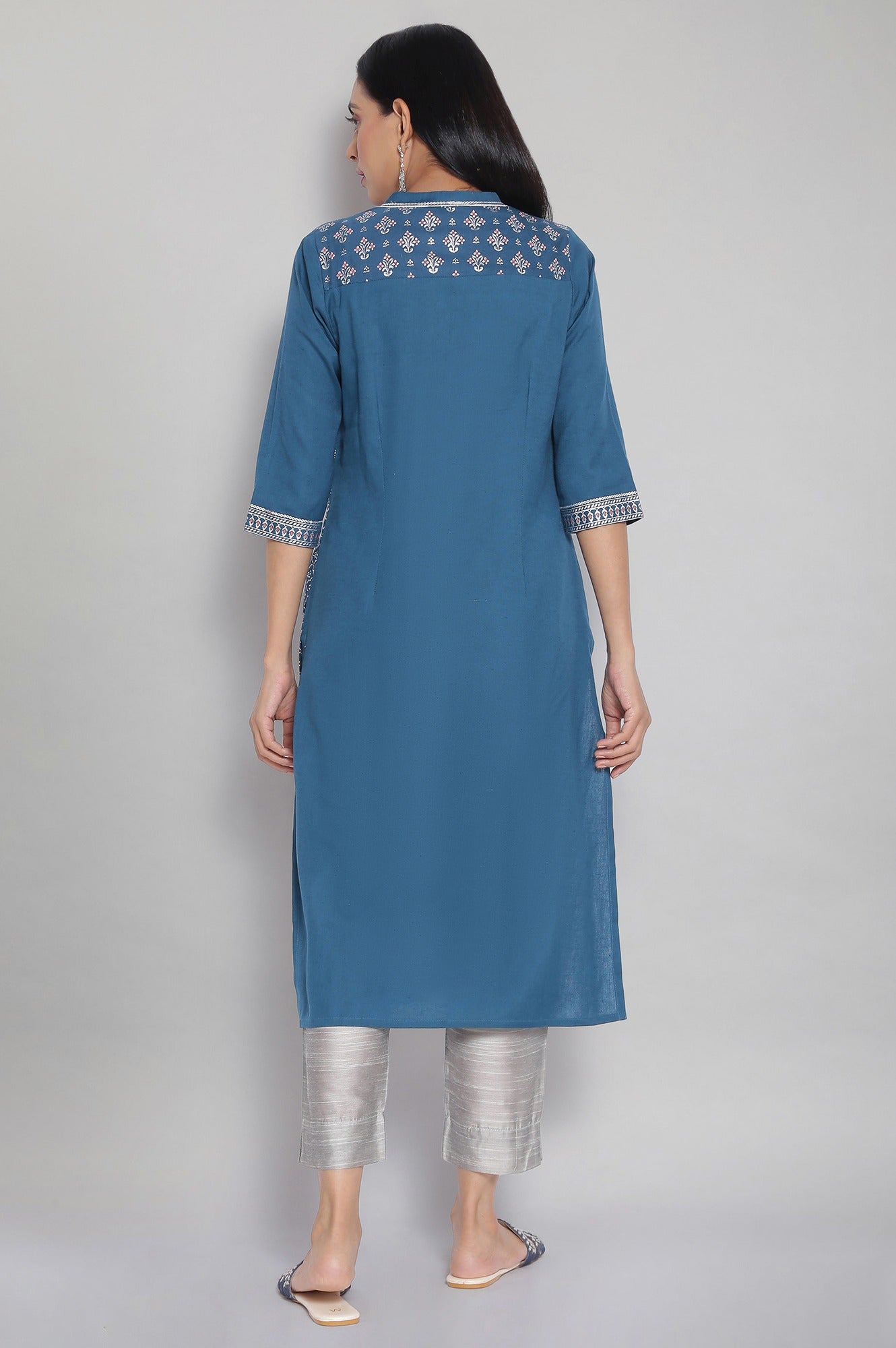 Blue Mandarin Collar Printed Straight kurta