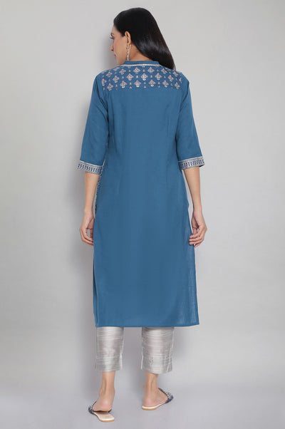 Blue Mandarin Collar Printed Straight kurta