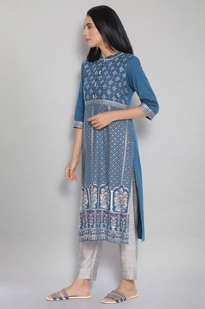 Blue Mandarin Collar Printed Straight kurta