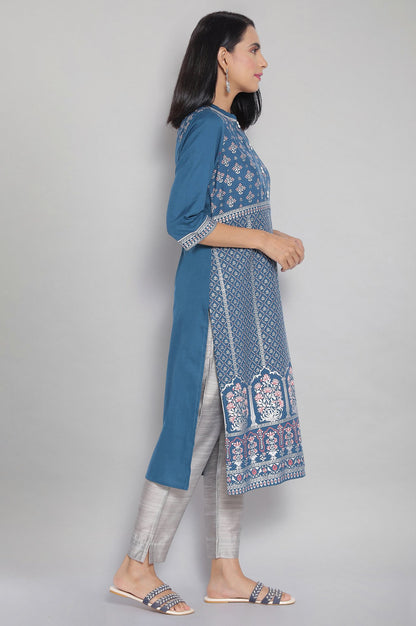 Blue Mandarin Collar Printed Straight kurta