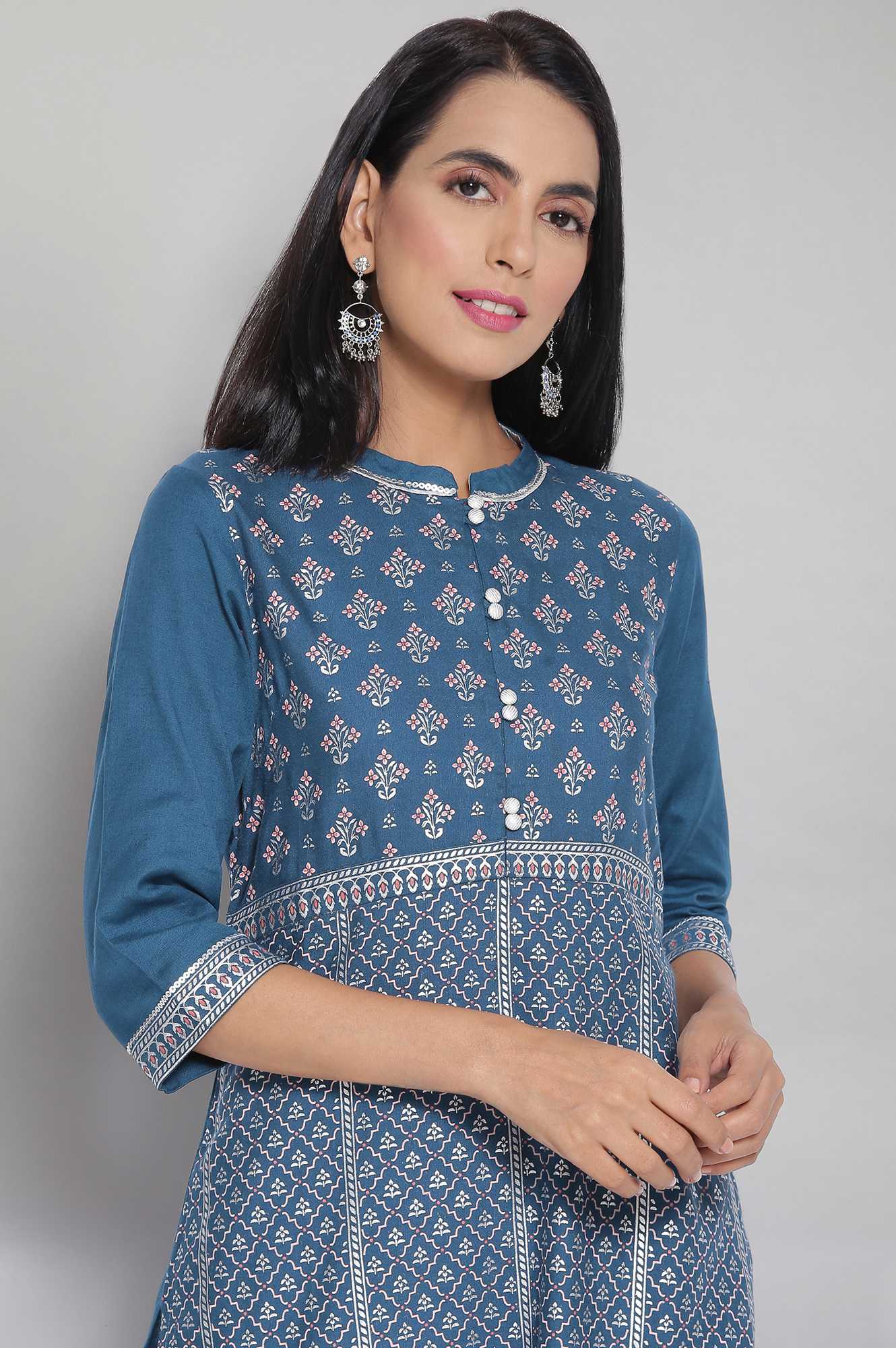 Blue Mandarin Collar Printed Straight kurta