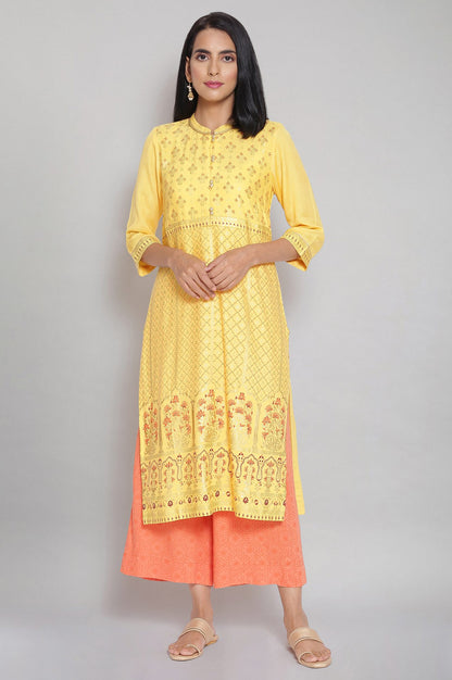 Yellow Mandarin Collar Printed Straight kurta