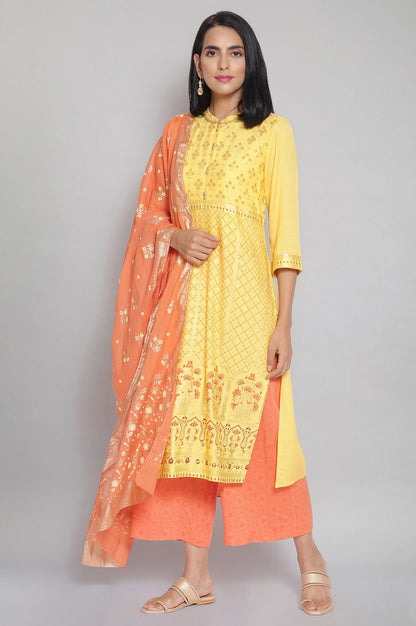 Yellow Mandarin Collar Printed Straight kurta