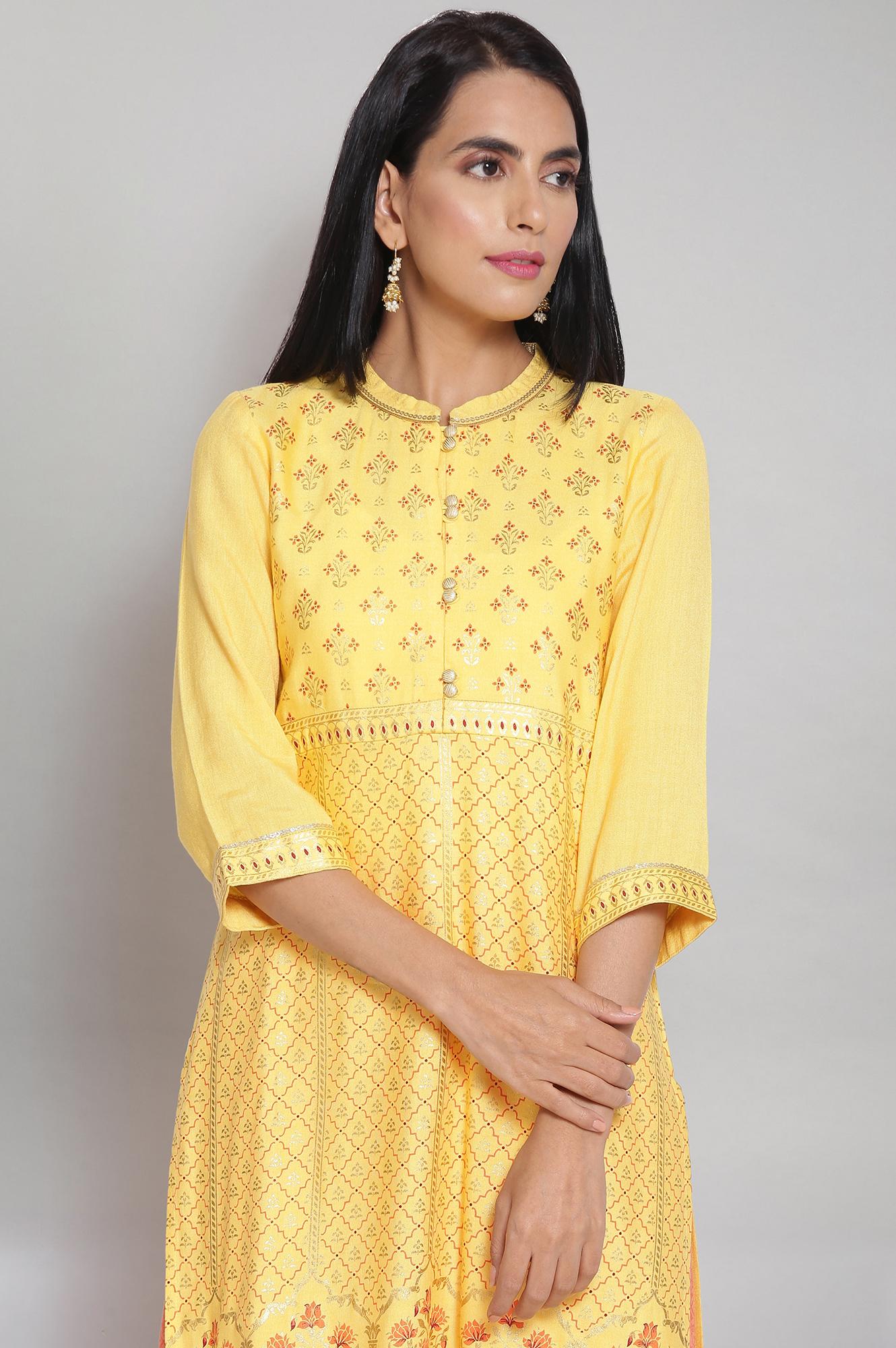 Yellow Mandarin Collar Printed Straight kurta