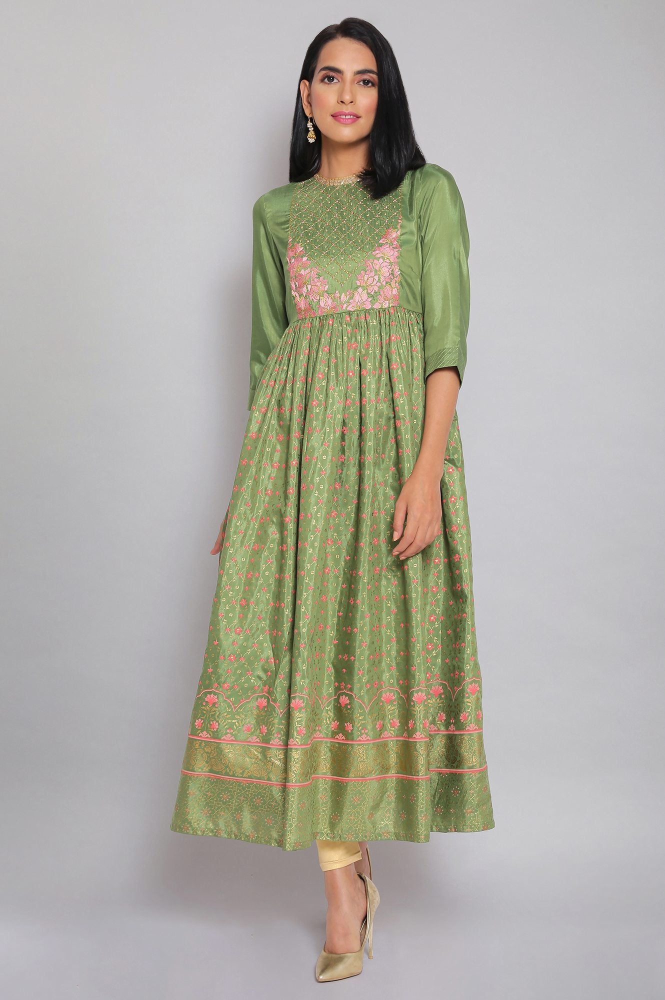 Green Round Neck Printed Flared kurta